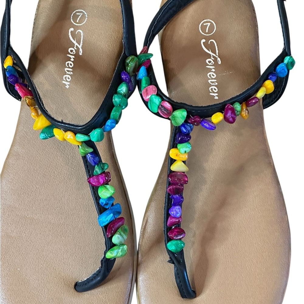 Forever 21 Black T-Strap Sandals with Vibrant Accents
